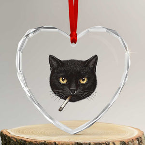 Smoking Cat Y2K Heart Crystal Glass Ornament Vintage Black Cat Edgy Retro 90s Grunge TS10 Transparent Glass 3'' Heart Print Your Wear