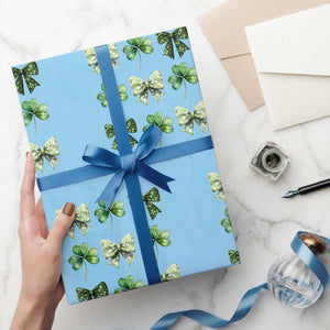 St Patricks Day Coquette Bow Wrapping Paper Roll Lucky Shamrock Aesthetic TS02 Light Blue Print Your Wear