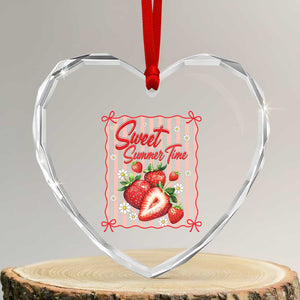 Striped Summer Strawberry Heart Crystal Glass Ornament Preppy Beach Vibes Graphic