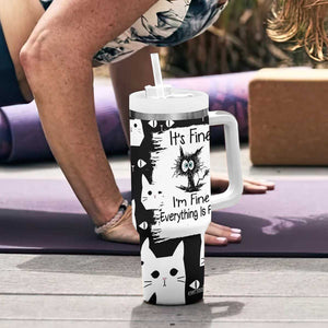 Funny Black Cat Tumbler With Handle It's Fine I'm Fine Everything Is Fine Burnt Cat Meme TB02 Print Your Wear