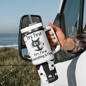 Funny Black Cat Tumbler With Handle It's Fine I'm Fine Everything Is Fine Burnt Cat Meme TB02 Print Your Wear