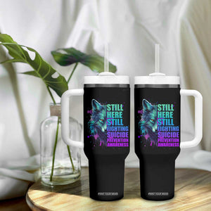 Suicide Prevention Awareness Tumbler With Handle Teal Purple Motivational Wolf Still Here Still Fighting TB02 Print Your Wear