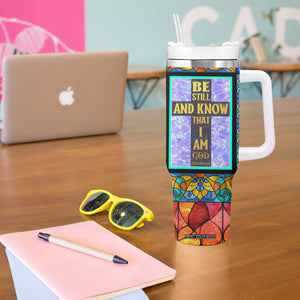Personalized Christian Faith Stained Glass Printing Tumbler With Handle Custom Name Be Still And Know That I Am God Dandelion Taraxacum Flower TB02 Print Your Wear