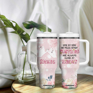 Personalized Sisterhood Floral Pink Tumbler With Handle Custom Name Sisters Are Always Close At Heart TB02 Print Your Wear