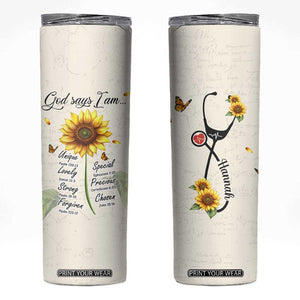 Personalized Nurse Sunflower Skinny Tumbler Custom Name Rn Stethoscope Inspirational Christian Bible Verse Scripture TB02 White Print Your Wear