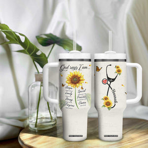 Personalized Nurse Sunflower Tumbler With Handle Custom Name Rn Stethoscope Inspirational Christian Bible Verse Scripture TB02 Print Your Wear