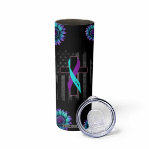 Personalized Suicide Prevention Awareness Skinny Tumbler Custom Name Teal and Purple Ribbon Sunflower American Flag TB02 Print Your Wear