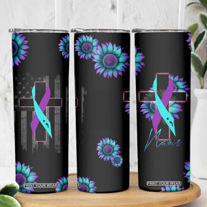 Personalized Suicide Prevention Awareness Skinny Tumbler Custom Name Teal and Purple Ribbon Sunflower American Flag TB02 Print Your Wear