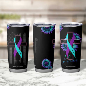 Personalized Suicide Prevention Awareness Tumbler Cup Custom Name Teal and Purple Ribbon Sunflower American Flag TB02 Print Your Wear
