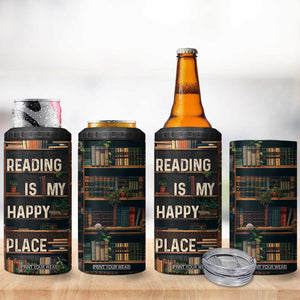 Book Lover 4 in 1 Can Cooler Tumbler Reading Is My Happy Place Vintage Bookshelf TB09 Print Your Wear