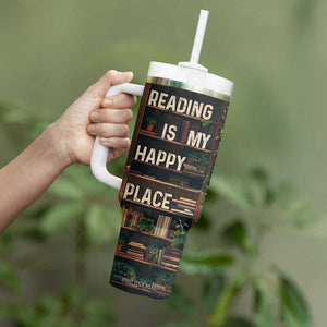 Book Lover Tumbler With Handle Reading Is My Happy Place Vintage Bookshelf TB09 Print Your Wear