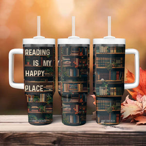 Book Lover Tumbler With Handle Reading Is My Happy Place Vintage Bookshelf TB09 Print Your Wear