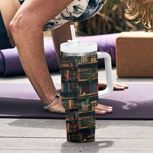 Book Lover Tumbler With Handle Reading Is My Happy Place Vintage Bookshelf TB09 Print Your Wear