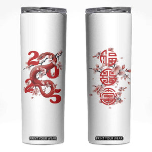 Year Of The Snake 2025 Skinny Tumbler Lu Fu Shou Chinese New Year Snake Cherry Blossom TB09 White Print Your Wear