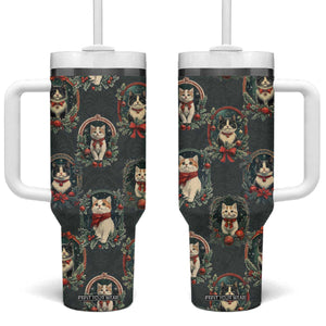 Christmas Cat Tumbler With Handle Vintage Kitten Victorian Royal Holly Wreath TB09 One Size: 40 oz Green Print Your Wear