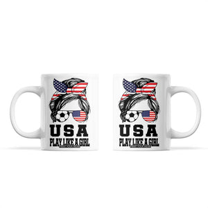 Soccer Girl Coffee Mug Play Like A Girl USA Flag Messy Bun TB10 White Print Your Wear