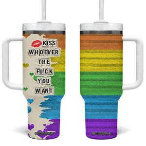 LGBTQ Pride Tumbler With Handle Kiss Whoever The Fuck You Want LGBT Rainbow Flag TB10 One Size: 40 oz Rainbow Print Your Wear