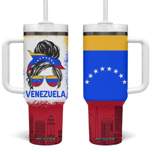 Venezuelan Girl Tumbler With Handle Messy Bun Venezuela Flag Heritage Venezuelan Women Girls TB10 One Size: 40 oz Multicolor Print Your Wear