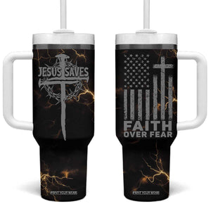Christian Faith Over Fear Tumbler With Handle Religious Jesus Saves Cross US Flag Prayer Patriotic TB10 One Size: 40 oz Black Print Your Wear