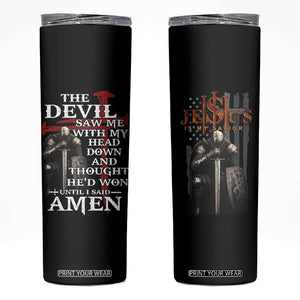 Christian Gifts for Men Skinny Tumbler Jesus Is My Savior Catholic Cross US Flag Prayer Patriotic TB10 Black Print Your Wear