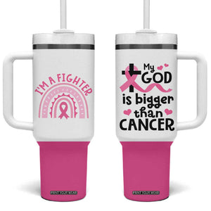 Breast Cancer Awareness Tumbler With Handle Pink Ribbon My God is Stronger Than Cancer Christian Gift TB10 One Size: 40 oz White Print Your Wear