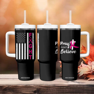 Breast Cancer Awareness Tumbler With Handle Christian Gift Pink Ribbon USA Flag Pray Fight Believe TB10 Print Your Wear