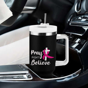 Breast Cancer Awareness Tumbler With Handle Christian Gift Pink Ribbon USA Flag Pray Fight Believe TB10 Print Your Wear