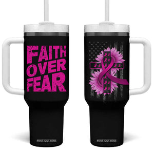 Breast Cancer Awareness Tumbler With Handle Christian Gift Pink Ribbon USA Flag Sunflower Faith Over Fear TB10 One Size: 40 oz Black Print Your Wear