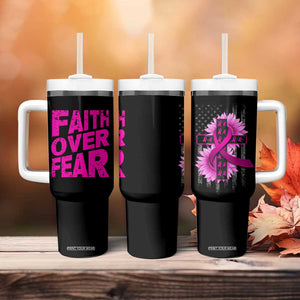Breast Cancer Awareness Tumbler With Handle Christian Gift Pink Ribbon USA Flag Sunflower Faith Over Fear TB10 Print Your Wear