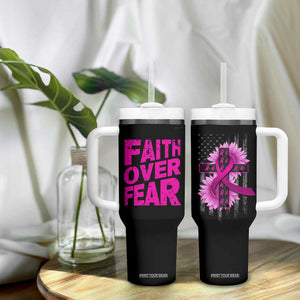 Breast Cancer Awareness Tumbler With Handle Christian Gift Pink Ribbon USA Flag Sunflower Faith Over Fear TB10 Print Your Wear