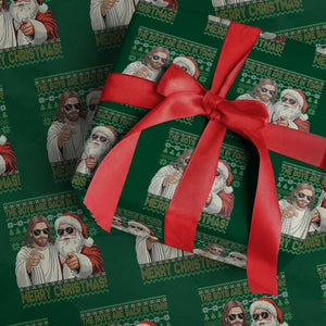 The Boys Are Back in Town Funny Christmas Wrapping Paper Roll Cool Santa and Jesus Holiday Humor TS02 Green Print Your Wear