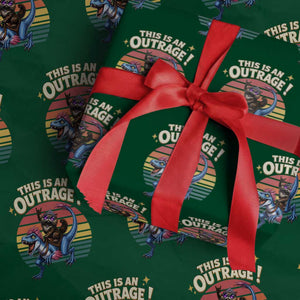 This Is An Outrage Cat Riding Dinosaur Wrapping Paper Roll Sci-Fi Book Lover Gift