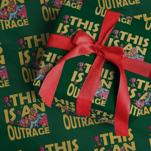 This Is An Outrage Sassy Cat Riding Raptor Dinosaur Wrapping Paper Roll Retro Pop Art Graphic