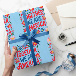 Together We Are America Floral Patriotic Wrapping Paper Roll Retro Red White and Blue Bunny Inspirational Quote TS02 Light Blue Print Your Wear