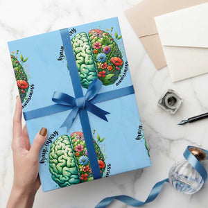 Traumatic Brain Injury Awareness Wrapping Paper Roll TBI Warrior Green Floral Brain TS02 Light Blue Print Your Wear