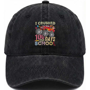 I Crushed 100 Days of School Monster Truck Washed Cotton Baseball Cap Cool Back to School Boys Gift