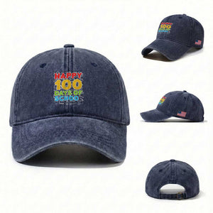 Happy 100 Days of School Washed Cotton Baseball Cap Cute Celebration Gift for Teachers and Kids