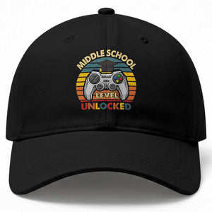 Middle School Level Unlocked Baseball Cap Funny Gamer First Day of Middle School