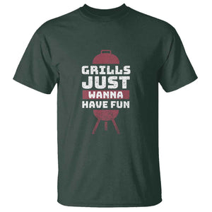 Grilling BBQ T Shirt Funny Grills Just Wanna Have Fun Distressed TS01 Dark Forest Green Print Your Wear