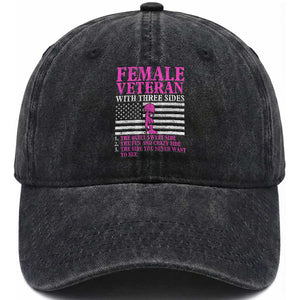 Proud Female Veteran Washed Cotton Baseball Cap Three Sides Veteran Mother Grandma Women Military TS01 Washed Cap Universal Fit Black Print Your Wear