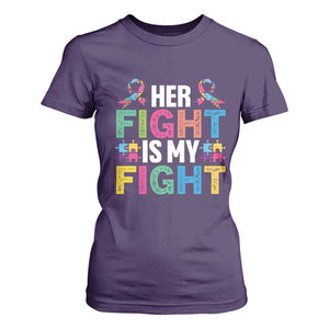 Autism Support T Shirt For Women Her Fight is My Fight Warriors Jigsaw Fighters Puzzle Ribbon TS01 Purple Printyourwear