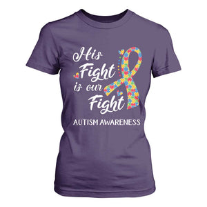 Autism Support T Shirt For Women His Fight is My Fight Jigsaw Puzzle Ribbon TS01 Purple Printyourwear