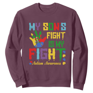 Autism Parents Sweatshirt My Son Fight Is My Fight Family Support Puzzle Ribbon TS01 Maroon Printyourwear
