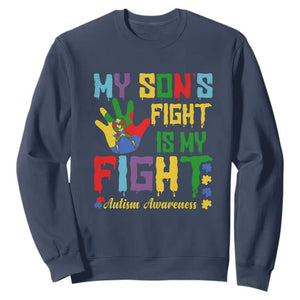 Autism Parents Sweatshirt My Son Fight Is My Fight Family Support Puzzle Ribbon TS01 Navy Printyourwear