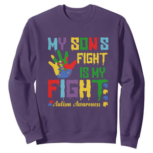 Autism Parents Sweatshirt My Son Fight Is My Fight Family Support Puzzle Ribbon TS01 Purple Printyourwear