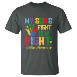 Autism Parents T Shirt My Son Fight Is My Fight Family Support Puzzle Ribbon TS01 Dark Heather Printyourwear