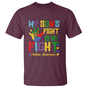 Autism Parents T Shirt My Son Fight Is My Fight Family Support Puzzle Ribbon TS01 Maroon Printyourwear