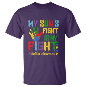 Autism Parents T Shirt My Son Fight Is My Fight Family Support Puzzle Ribbon TS01 Purple Printyourwear