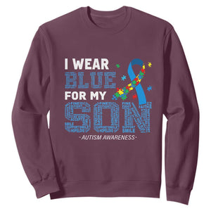 Autism Parents Sweatshirt I Wear Blue For My Son Family Support Puzzle Blue Ribbon TS01 Maroon Printyourwear