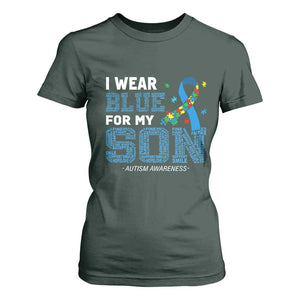 Autism Parents T Shirt For Women I Wear Blue For My Son Family Support Puzzle Blue Ribbon TS01 Dark Forest Green Printyourwear
